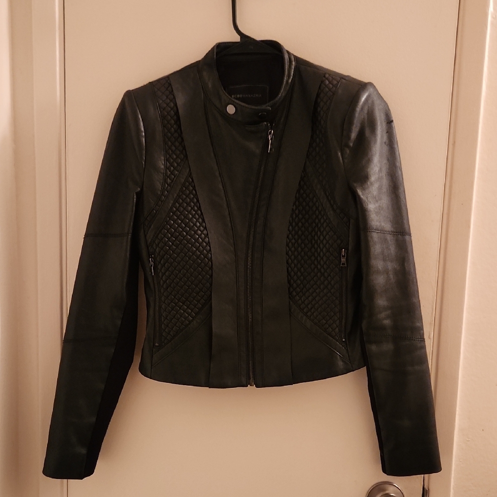 BCBGMaxAzria Black Quilted Faux Leather Jacket Size XXS